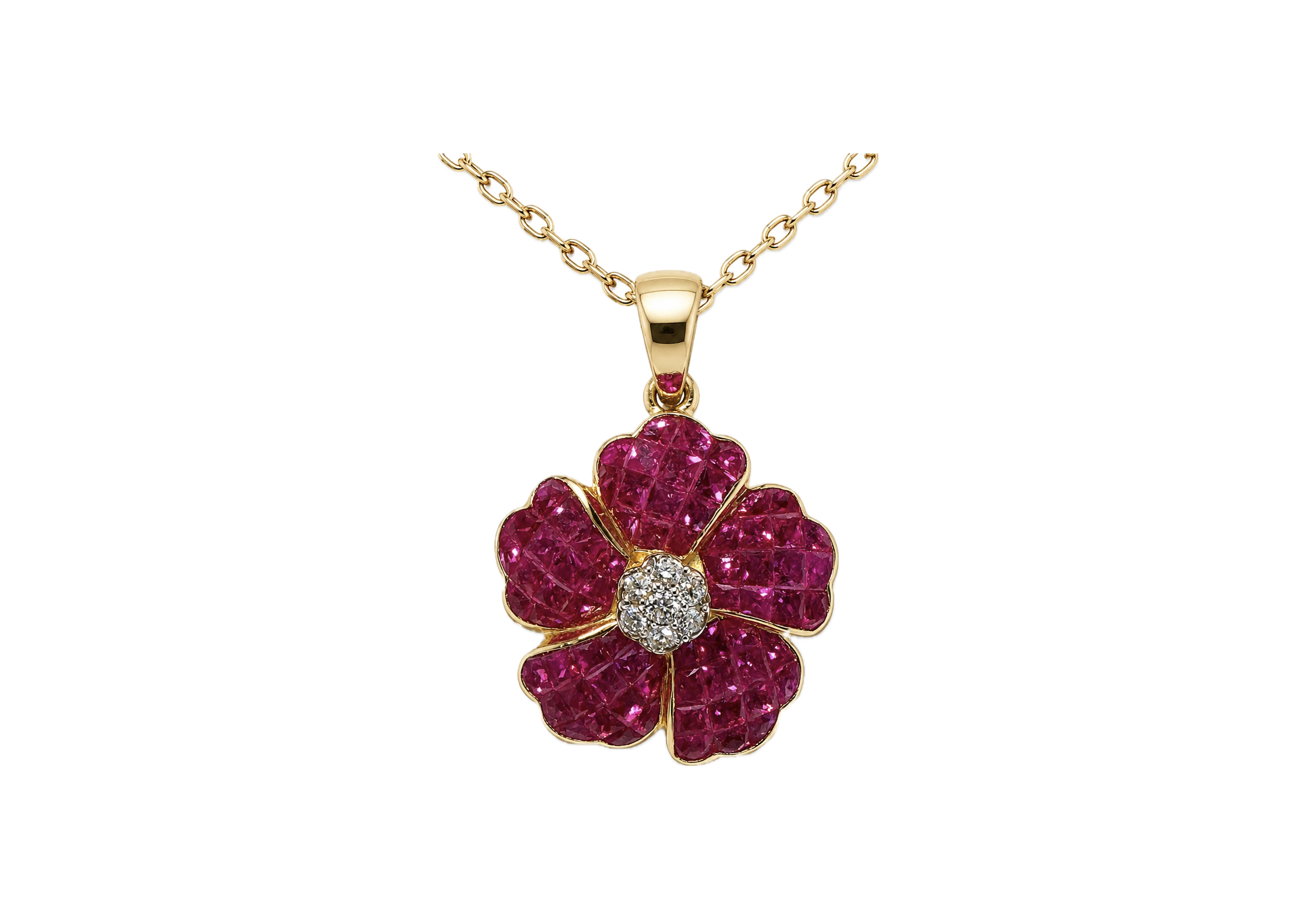Gold chain with ruby flower pendant